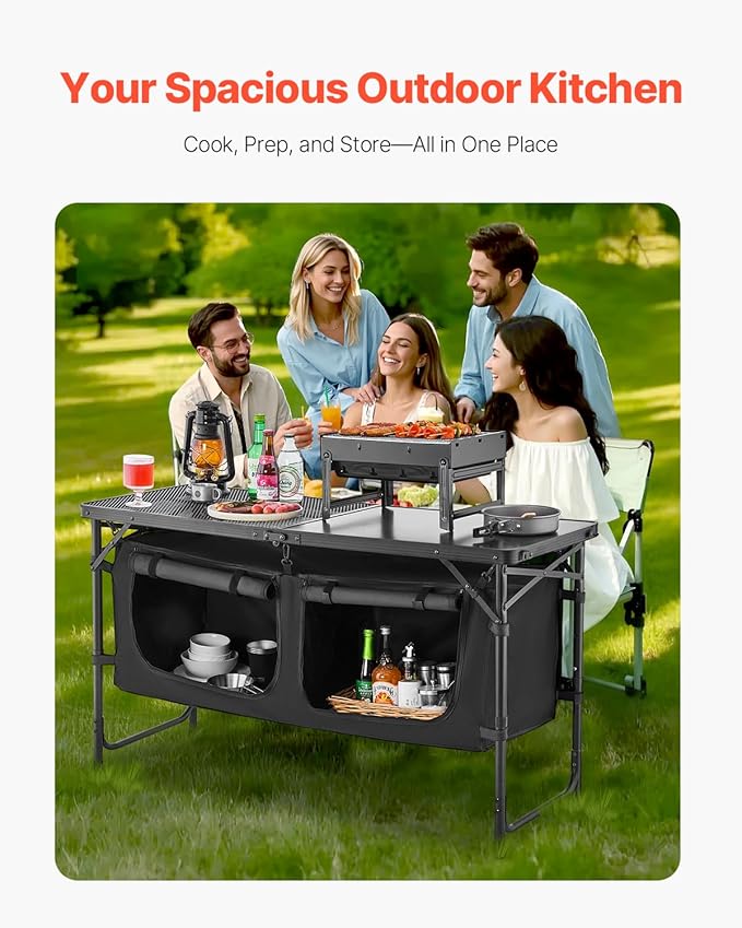 VEVOR Camping Kitchen Table, Folding Outdoor Cooking Table, 3 Adjustable Heights, Aluminum Lightweight Portable Cook Station with Storage Organizer, Carry Handle, for BBQ Party Picnic RV Travel, Black
