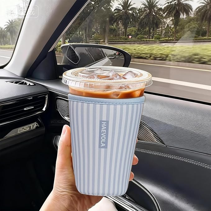 Reusable Insulated Neoprene Iced Coffee Cup Sleeve, Durable Drink Sleeve for Cold Beverages, Beverage Holder for Iced Coffee, Blue Stripes