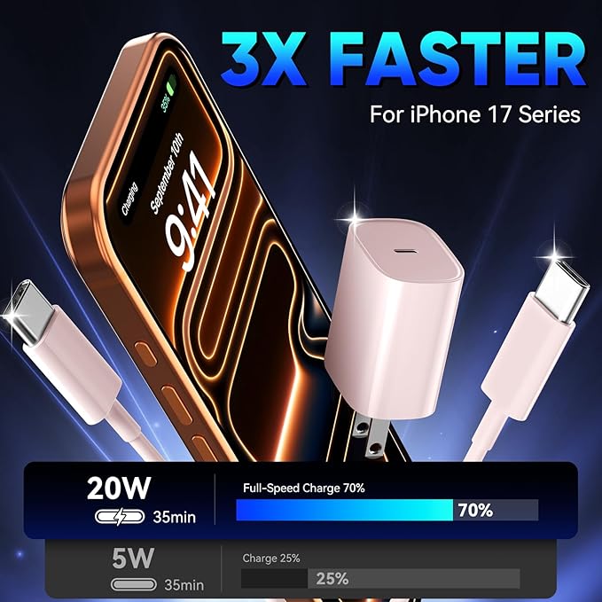 Phone 17 16 15 Pro Charger Fast Charging, 20W USB C Fast Charger Block with 10FT Long Type C Chargers Fast Charging Cable Cord for Phone 17/17 Pro/17 Pro Max/Air/16 Pro Max/16 Pro/15Pro Max/Pro, S24