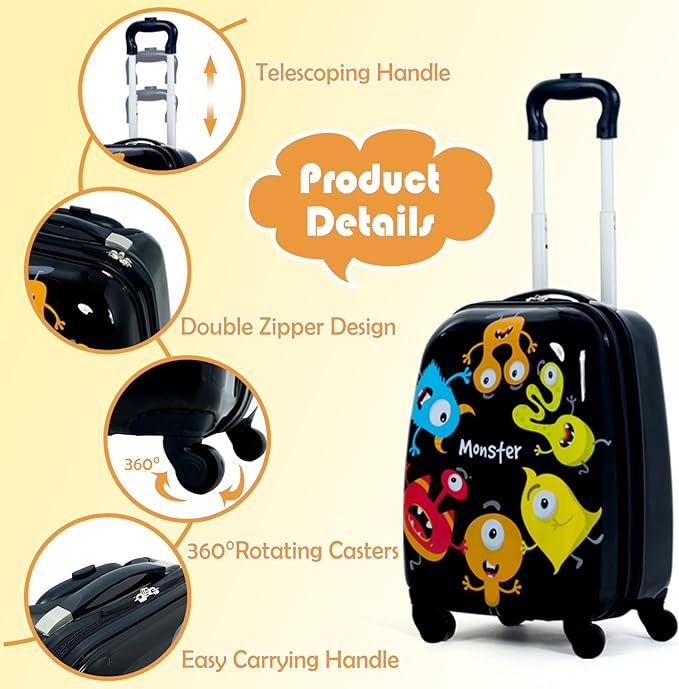 BABY JOY 2 PC Kids Luggage, 16" Toddlers Carry-on Suitcase & 12” Backpack Set, Children Travelling Case w/ 4 Casters & Retractable Handle, Lightweight Trolley Case for Boys & Girls (Monster)