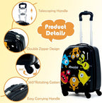 BABY JOY 2 PC Kids Luggage, 16" Toddlers Carry-on Suitcase & 12” Backpack Set, Children Travelling Case w/ 4 Casters & Retractable Handle, Lightweight Trolley Case for Boys & Girls (Monster)