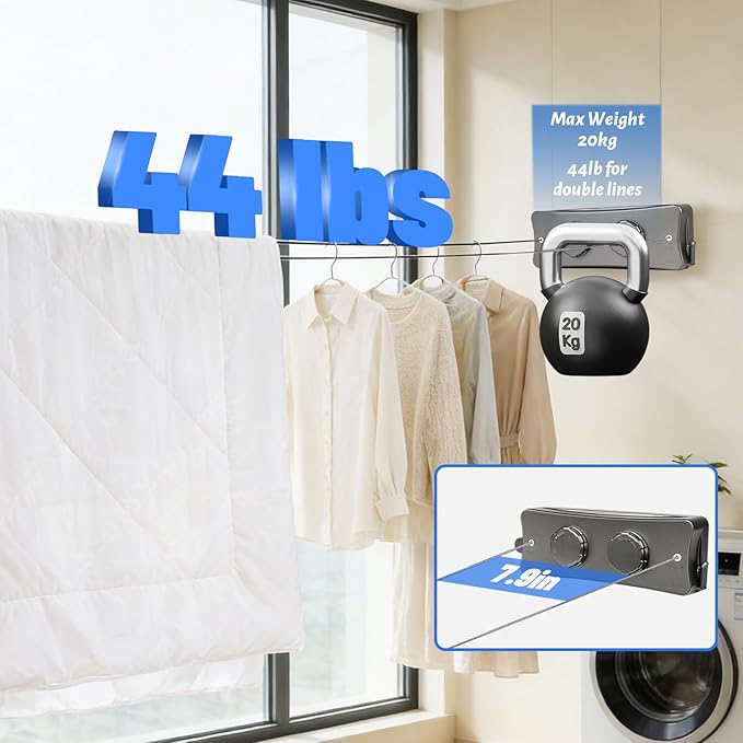 【Upgraded Heavy Duty】 Retractable Clothesline Indoor, 16.7Ft Wall Mounted Clothes Line for Laundry Room, Bathroom, Balcony, RV, Space Saving Travel Drying Rack