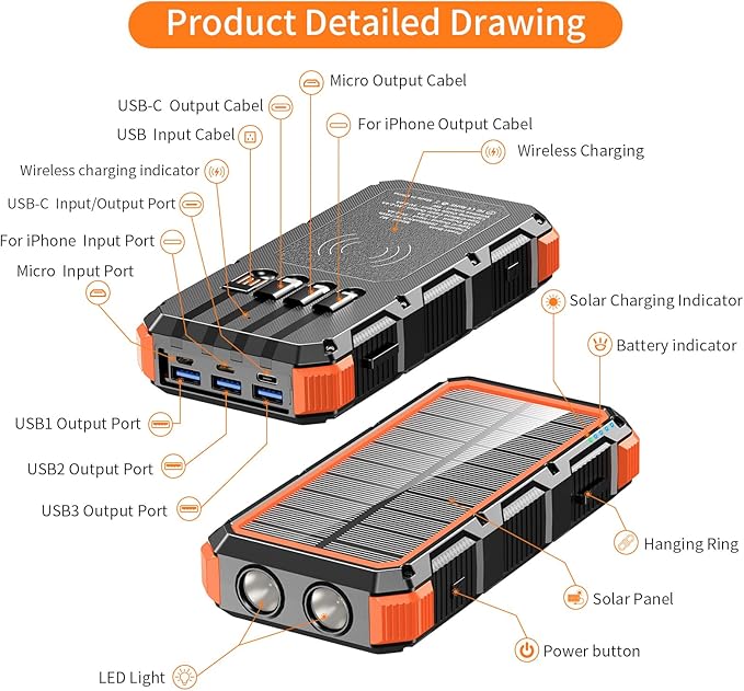 Solar Charger Power Bank 20000mAh Wireless Charger QC 3.0 Fast Charging Power Bank 8 Outputs 4 Inputs Solar Portable Charger Compatible with All Mobile Devices,SOS/Strobe/Strong Flashlights (orange)