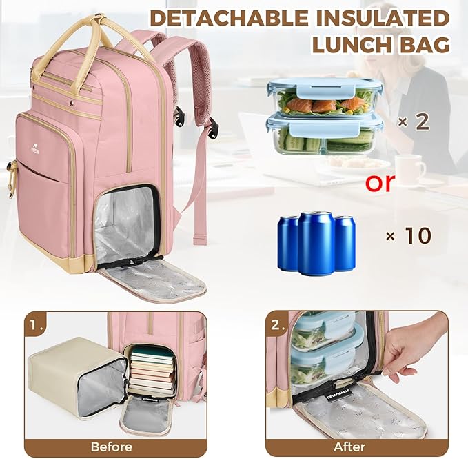 MATEIN Lunch Backpack for Women, Teacher Backpack with Lunch Compartment Detachable, Fit 15.6 Inch Laptop, College Computer Backpacks Meal Prep Work Bag Gift for Nurse Commute Office, Pink