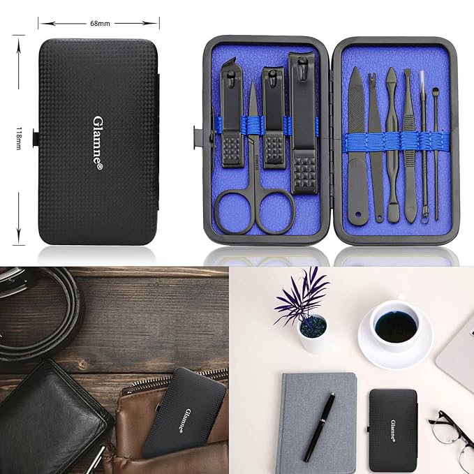 Glamne Manicure Set Nail Clippers Kit Professional Stainless Steel Nail Care Tools with Leather Travel Case 10 in 1 Blue