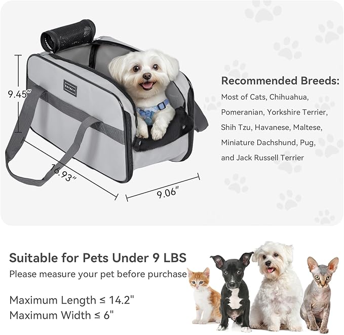 PETSFIT Multipurpose Console Dog Car Seat, Portable Small Dog Car Seat for Dogs, Cat Carrier, Pet Carrier Airline Approved with Safety Tether and Pockets (Light Grey)