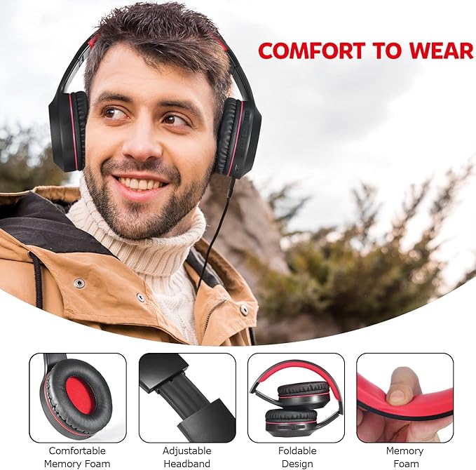 Rydohi Bluetooth Headphones Over Ear,68H Playtime and 3 EQ Music Modes Wireless Headphones with Microphone/Deep Bass, HiFi Stereo Foldable Lightweight Headset for PC Home Travel Office (Black Red)