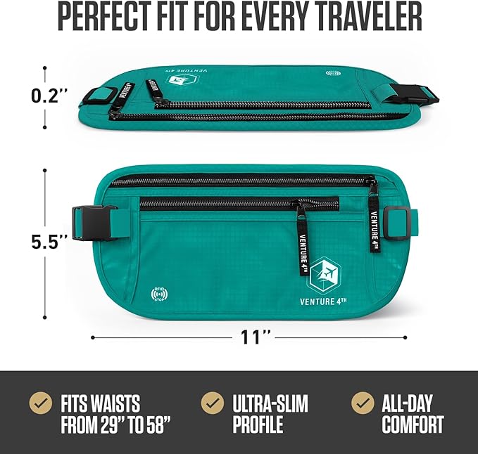 VENTURE 4TH Money Belt for Travel – Slim Hidden Under-Clothes RFID Blocking Anti-Theft Passport Holder & Travel Wallet Pouch for Men & Women to Protect Cash, Cards & Documents (Turquoise)