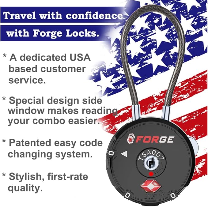 Forge Quality TSA Approved Luggage Locks for Travel Accessories, Suitcase, Pelican case, Ammo Boxes, Set Your own Combination, Zinc Alloy Body-Cable Black 4 Locks