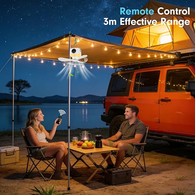 Portable Ceiling Fan with Lights Remote,USB Rechargeable Camping Fan,9.25" Wireless Tent Fan with 4 Speeds,Timer,Battery-Powered Ceiling Fan for RV,Truck,Rooftop Tent,Travel,Camping