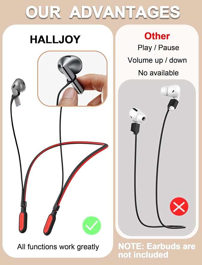 HALLJOY for Galaxy Buds 4/4 Pro/Buds 3/3 Pro Strap Neckband, Anti-Lost Accessories, Support Volume Control, Ergonomic Design, Fit Airpods Pro 3/2/1, Airpods 4, 3, 2, 1, Black Band/Red Tip