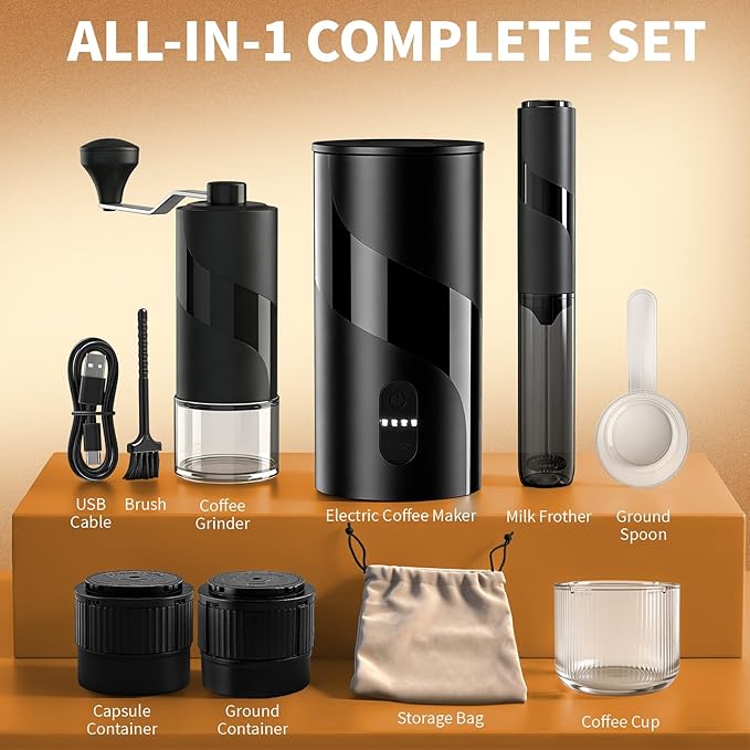 Portable Coffee Maker Set - Travel Coffee Maker, Electric Espresso Machine for Camping, Travel, Car, RV, Hiking, with Ground Coffee & Capsule Accessories, Milk Frother, Grinder, Gift for Coffee Lover