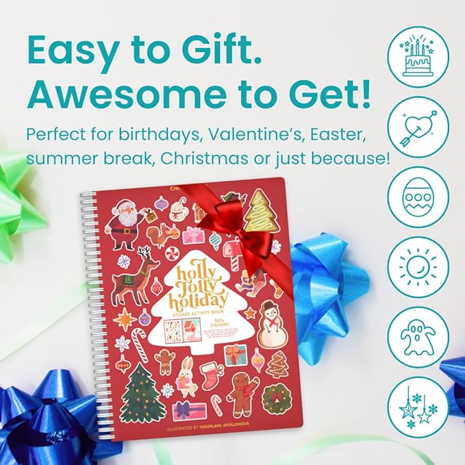 Holly Jolly 300+ Kids Sticker Book by Cupkin Toddler Christmas Coloring and Sticker Book, Road Trip Essentials, 8 Coloring Pages 8 Side by Side Scenes for Ages 2–8 Years