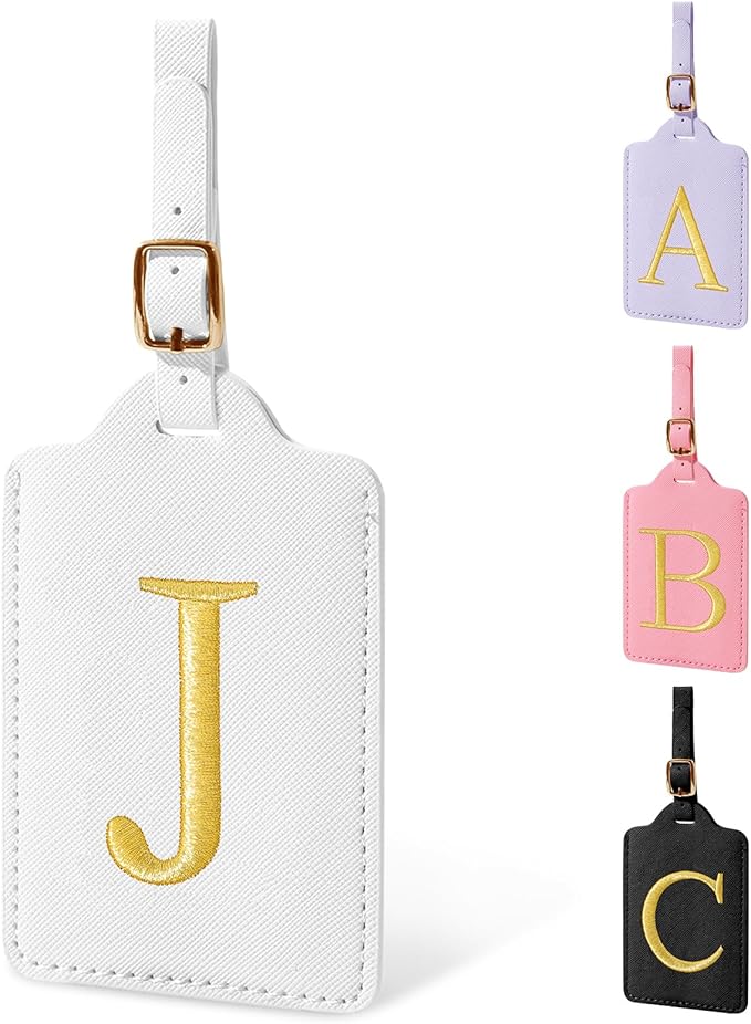 Personalized Initial Luggage Tags for Suitcase TSA Approved, White Leather Cute Luggage Tag with Privacy Cover Name Card, Embroidered Custom Luggage Tags Travel Baggage Tags Gifts for Women Kids(J)