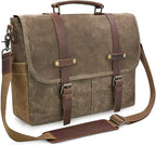 Mens Messenger Bag 15.6 Inch Waterproof Vintage Genuine Leather Waxed Canvas Briefcase Large Satchel Shoulder Bag Rugged Leather Computer Laptop Bag, Khaki