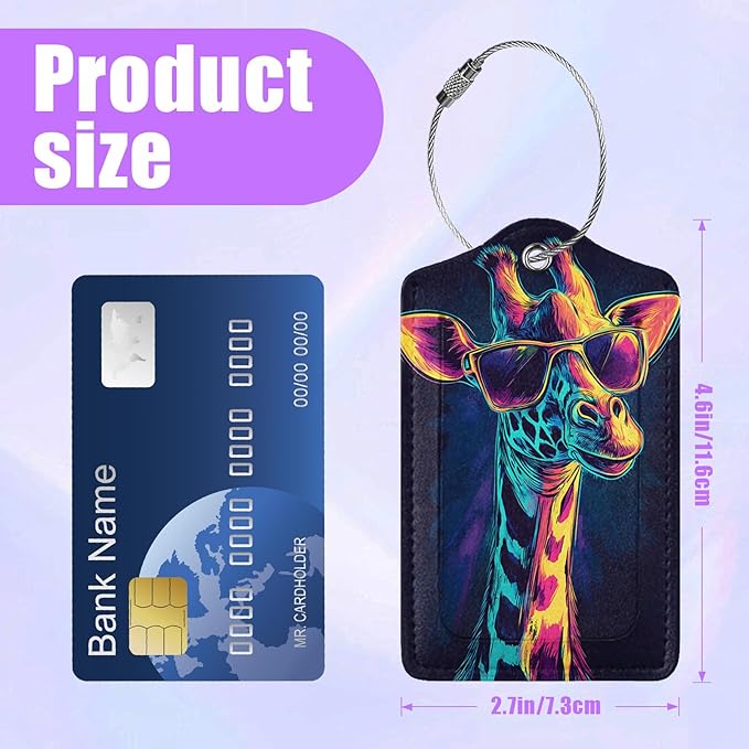 3 Pack Funny Giraffe Sunglasses Luggage Tags for Suitcase Animal PU Leather Travel Luggage Tag Privacy Cover ID Label for Women Men Baggage Backpack Handbag School Bag
