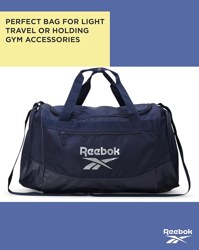 Reebok Duffle Bag - Lightweight Unisex Carry On Gym Bag - Travel and Sports Duffel Bags for Men and Women, Cade - Navy Silver