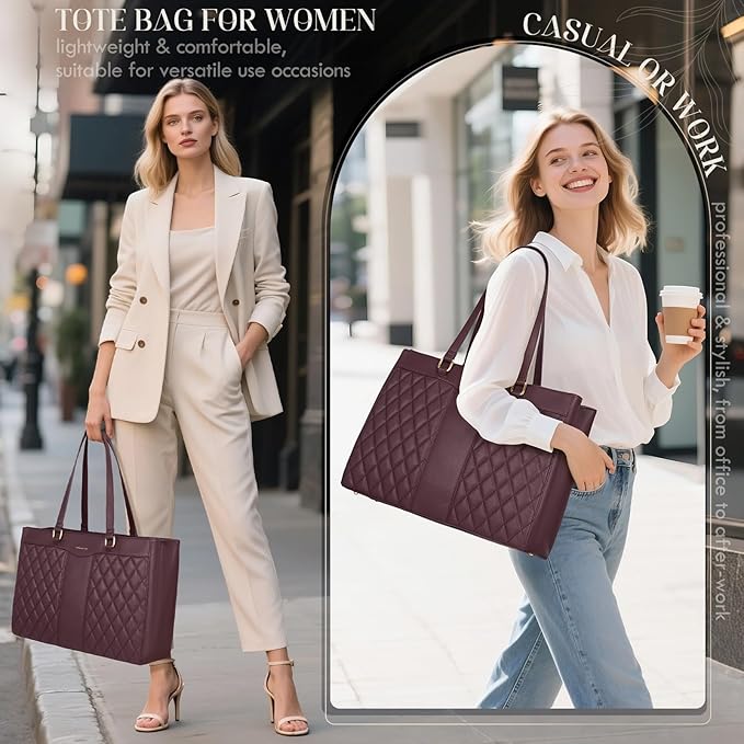 RAINSMORE Laptop Bag for Women 15.6 Inch Work Tote Bags Leather Laptop Tote Professional Laptop Purse Computer Handbag Womens Briefcase Tote with Clutch for Teacher Office Travel, Dark Purple