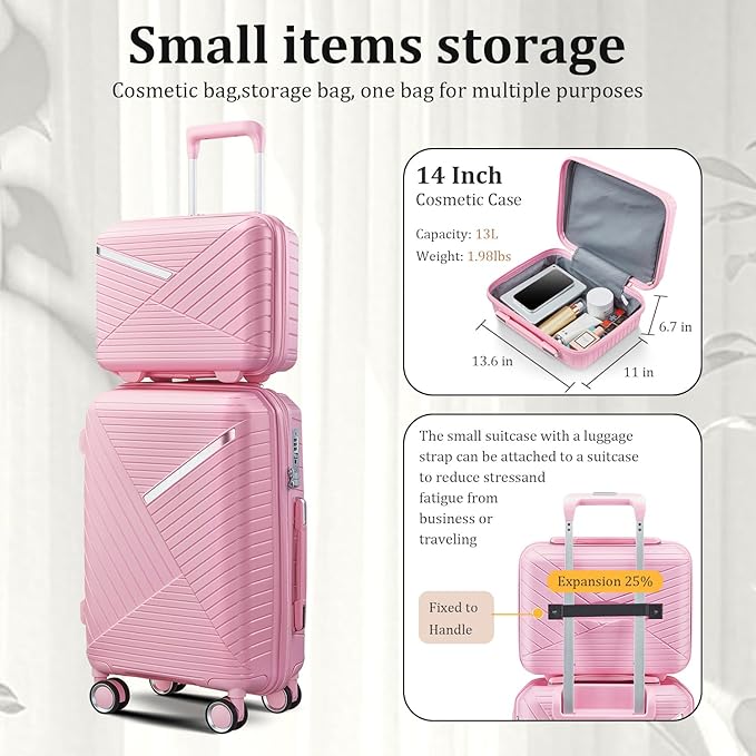 4 Piece Luggage Set, Hardside Expandable Lightweight Suitcase with 360° Mute Spinner Wheels Luggage Sets, TSA Lock, 14/20/24/28 Inch Travel Luggage for Men, Women and Girls (Pink)