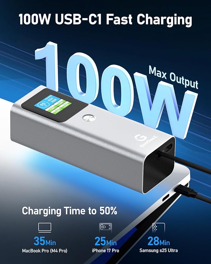 20000mAh Laptop Power Bank 100W with Built-in USB C Cable, Portable Charger Fast Charging, 100W PD Input, External Battery Pack for MacBook Pro/Air, iPhone 17/16/15, iPad, Galaxy S26/S25, Silver Gray