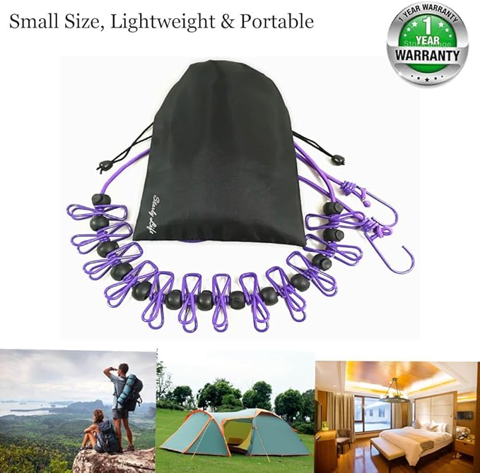 Adjustable Elastic Clothesline with Clips and Positioning Balls Portable Retractable Windproof Laundry Hanging Rope for Travel Camping Indoor Use Anti-Skid Washing Line with Drawstring Bag Purple