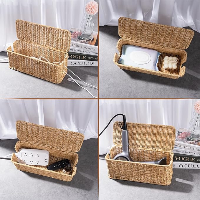 Cable Management Box, Handmade Rattan Cable Organizer with 2 Open Slots, Cord Hider for Power Strip, Router & USB Hub, Registered U.S. Design Patent (D1,112,102), 13" x 5.1" x 5.1", Natural