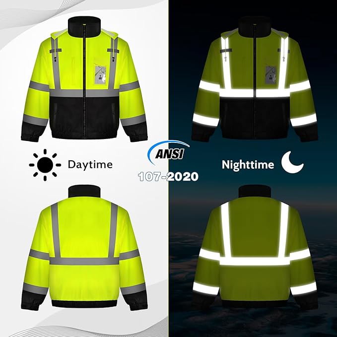 Hi Vis Rain Jackets, Reflective Safety Jacket with Pockets for Men& Women, Construction Coats for Cold Weather, Waterproof Rain Gear, Class 3, Yellow-Black, 4XL