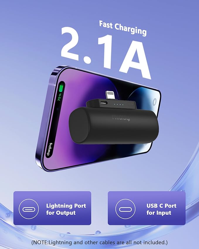 Miady 2-Pack Mini Portable Charger Built-in Connector for iPhone 14/13 Series, 5000mAh Small Power Bank 5V 2.1A Output Ultra-Compact Battery Pack Compatible with iPhone 12/11/XR etc Not for Android