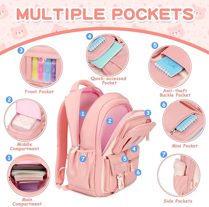 PIG PIG GIRL Kids Backpack for Girls School Bags for Middle School Students Book Bag for Elementary Primary Kawaii Ita Backpack, Pink and Beige