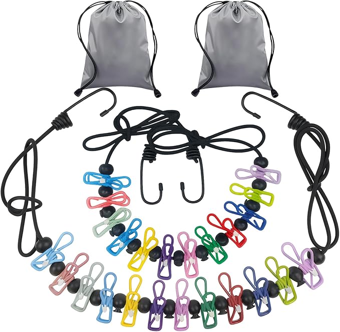 Travel Clothesline Retractable Portable Clothesline with 12 Clips Portable Elastic Camping Clothes Line with Anti-Slip Beads & Stainless Hooks for Hotel, RV, Boat, Outdoor Use (2 Pack)