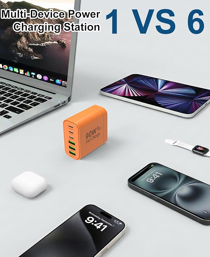 90W GaN USB C Charger Block [2 Pack],6-Port USB C Wall Charger Fast Charging 45W PD Power Adapter for MacBook Air/iPad Pro/iPhone 17Pro Max/Samsung Galaxy S24 Ultra/Tabs for Home Travel