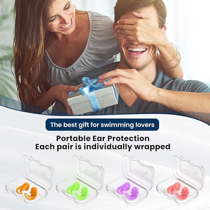 Waterproof Swimming Ear Plugs for Adults - 4 Pairs Reusable Silicone Ear Plugs for Swimming Women & Men, Keep Ear Water Out, Showering, Bathing, Surfing, Water Sports