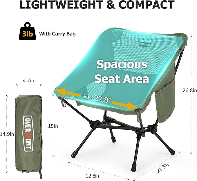 Overmont Ultralight Portable Camping Chair- Lightweight Folding Backpacking Chair, Support up to 330Lbs Compact Beach Chair for Adults with Carry Bag for Backpack Hiking Fishing Outdoor Camp 2pcs