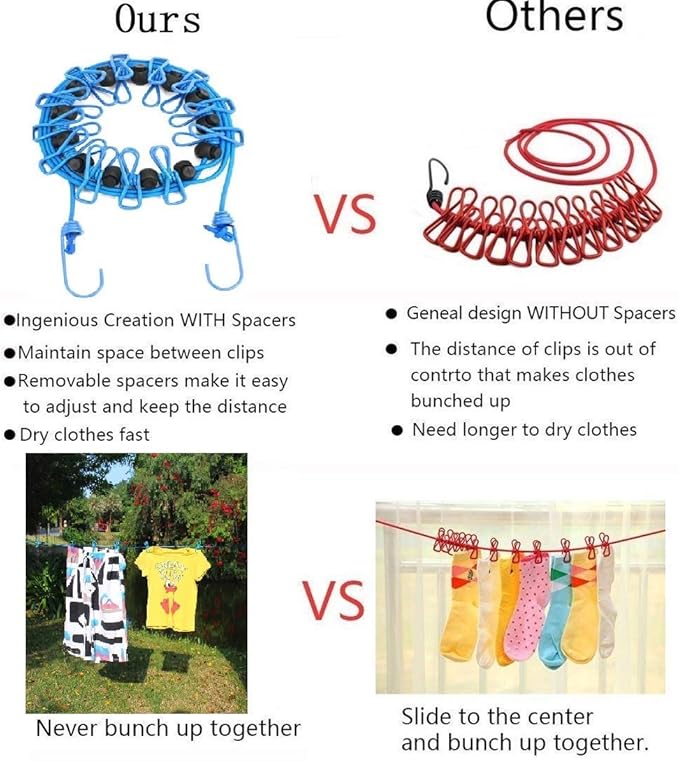 2 Pack Portable Clothesline with 12 Clothespins, Windproof Travel Stretchy Retractable Elastic Laundry Clothes Line for Backyard, Vacation Hotel, Balcony Drying