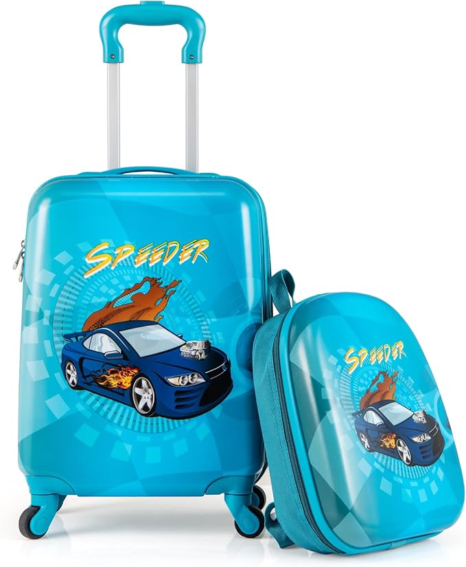 BABY JOY 2 PCS Kids Luggage, 16” Carry-on Hardshell Suitcase with Wheels & Hardside Backpack for Boys Girls, Airline-Approved Toddler Travel Luggage Set (Racing Car)