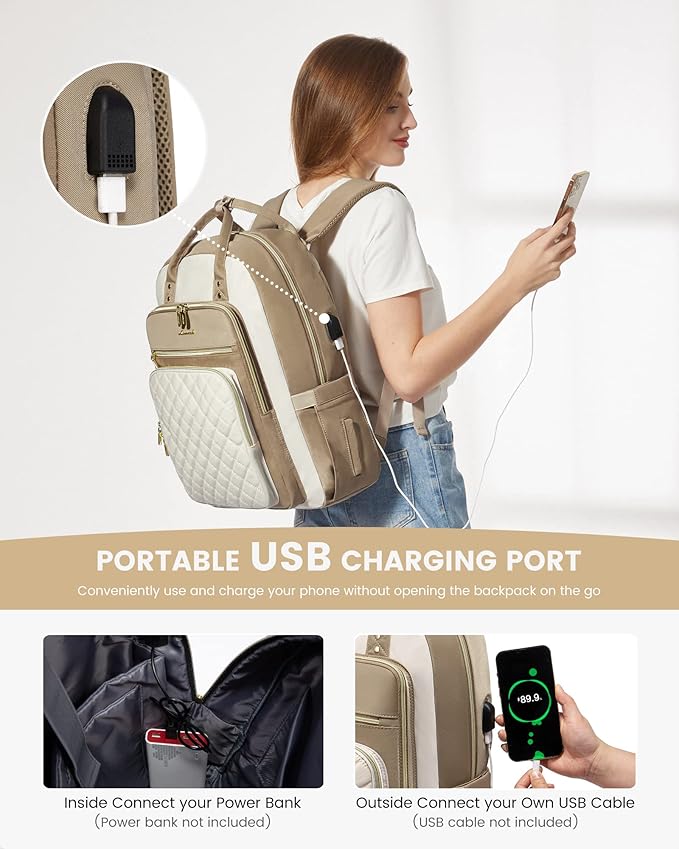 LOVEVOOK Laptop Backpack Purse for Women, 17" Laptop Bag with USB Port, Water Resistant Lightweight Daypacks for College Travel Work Business, Nurse Teacher Computer Bags, Khaki Beige