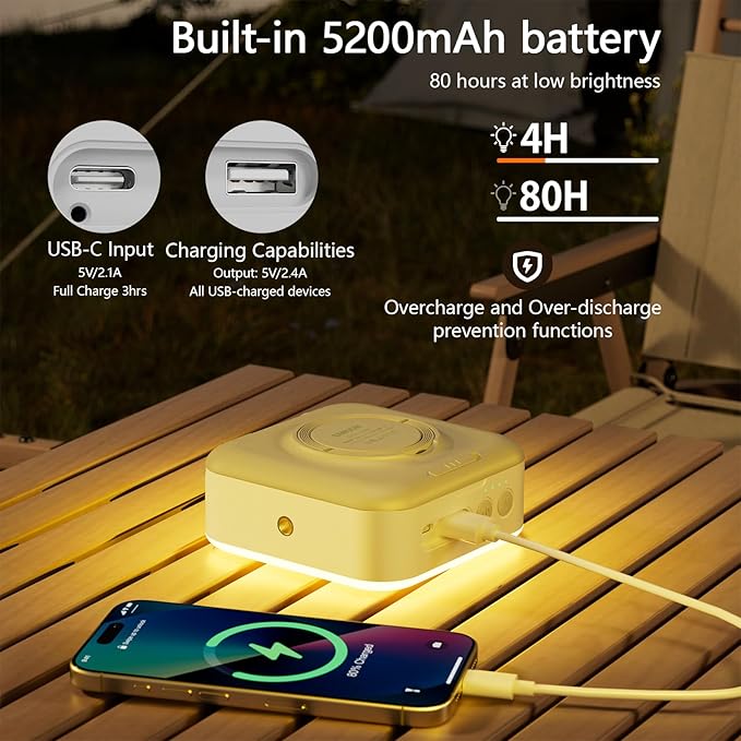 Solar Camping Lantern Rechargeable, 5200mAh Camping Lights 3000LM Camping Lights up to 144 Hours 5 Light Modes, IPX5 Waterproof Lanterns for Power Outages Portable Power Supply