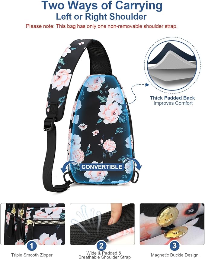 Capolo Sling Bag for Women Men Waterproof Crossbody Bags for Women Trendy Casual Fanny Pack with Convertible Shoulder Strap Chest Bag for Travel Hiking(Black Flower, Medium)