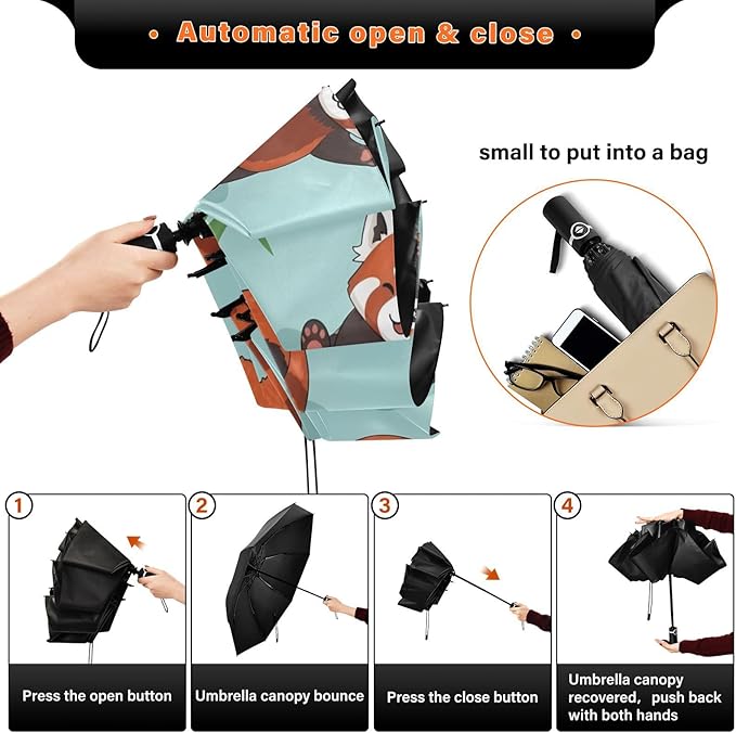 Cute Red Panda Pattern Folding Umbrella Compact Travel Automatic Open Close Sun UV Protection Reverse Inverted Umbrella for Rain Women Men Outsid