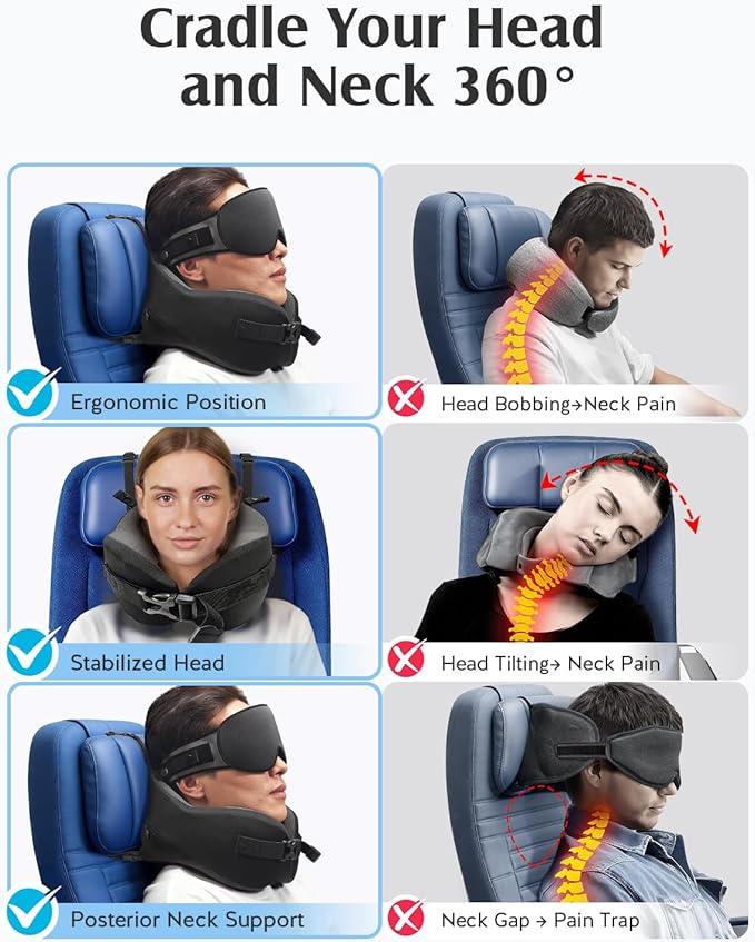 YFONG Travel Pillow for Long Flight Airplane, Head Strap Combo with 3D Contoured Sleep Eye Mask, Neck Pillow for Travel Essential, 360° Support Memory Foam Headrest, Prevent Bobbing, Drawstrap - Black