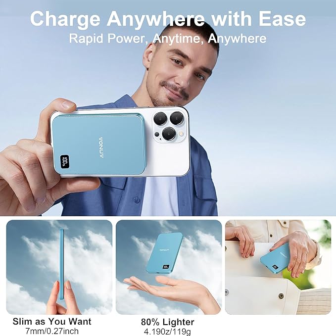 Magnetic Portable Charger 5000mAh, 15W Ultra Slim Wireless Portable Charger, Fast Charging for iPhone 17/16/15/14/13/12 Pro/Pro Max/Plus, Metal Shell, USB-C Cable to Charge Other Phones (Blue) | Magnetic, 5000mAh, 15W, Ultra Slim, Fast Charging, Metal ...