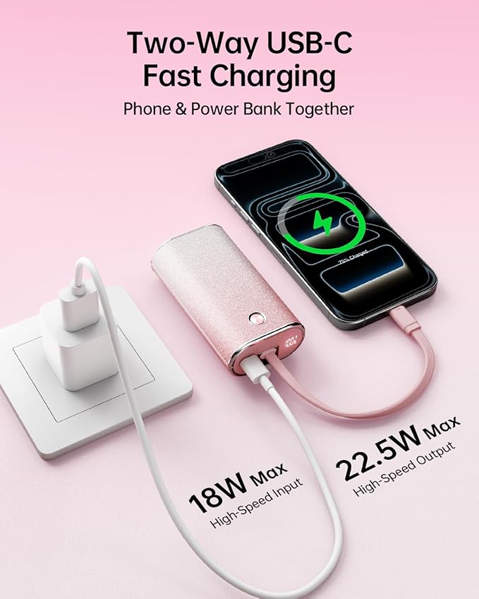 iWALK Sparkly 10000mAh Portable Charger, 22.5W Fast Charging Small Power Bank with Built-in USB-C Cable, Diamond Glitter Ultra-Compact Battery for iPhone 17/17 Pro/16/16 Pro/15, Samsung,ShinyPink