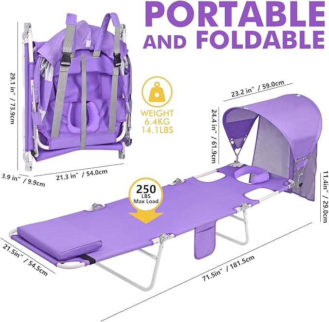 Backpack Beach Tanning Chair with Canopy and Face Hole, 6-Position Folding Lay Out Lounge Chair, UPF 50+ Wind-Resistant Sun Shade, Portable Recliner for Sunbathing, Outside, Poolside, Lawn, Patented