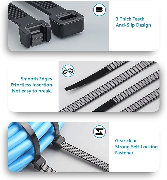 Zip Ties Assorted Sizes(4”+6”+8”+12”), 2000 Pack, Black Cable Ties, UV Resistant Wire Ties by ANOSON