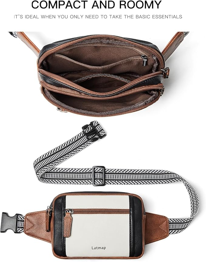 LATMAP 3L TRIPLE ZIP Fanny Packs Belt Bag For Women Men Crossbody Waist Pack Sling Chest Bum Travel Bag Purse Faux Leather Fashion Cute Black