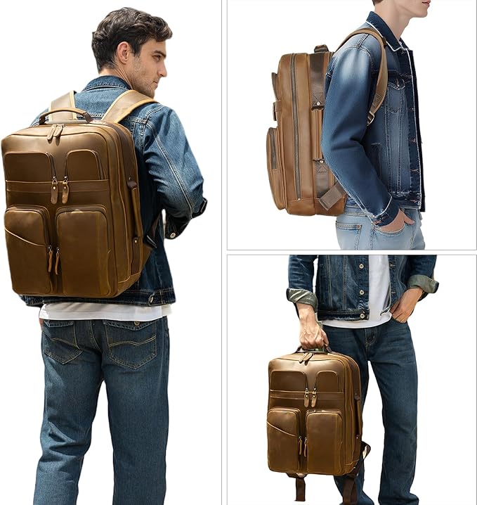 TIDING 17.3 Inch Full Grain Leather Laptop Backpack for Men Multi Pockets Casual Daypack Travel Rucksack