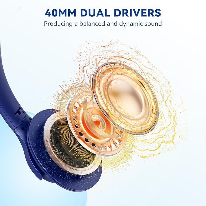 KVIDIO Bluetooth Headphones Over Ear, 65 Hours Playtime Wireless Headphones with Microphone, Foldable Lightweight Headset with Deep Bass, HiFi Stereo Sound Low Latency for Travel Work Cellphone
