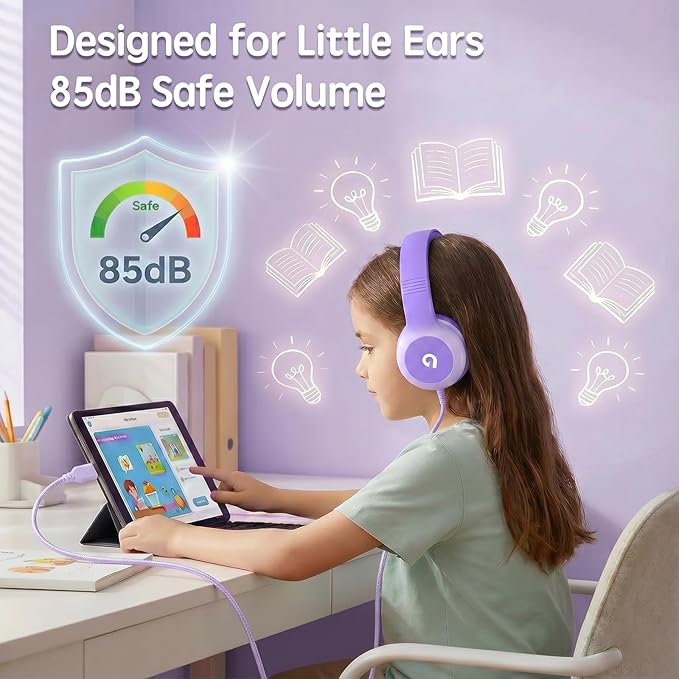 ADOOPE Wired Kids Headphones with USB C Plug, 85dB Safe Volume, Adjustable Headband, Tangle-Free Cord Headphones for School, Tablet, Travel (Lavender Purple, Without Microphone)