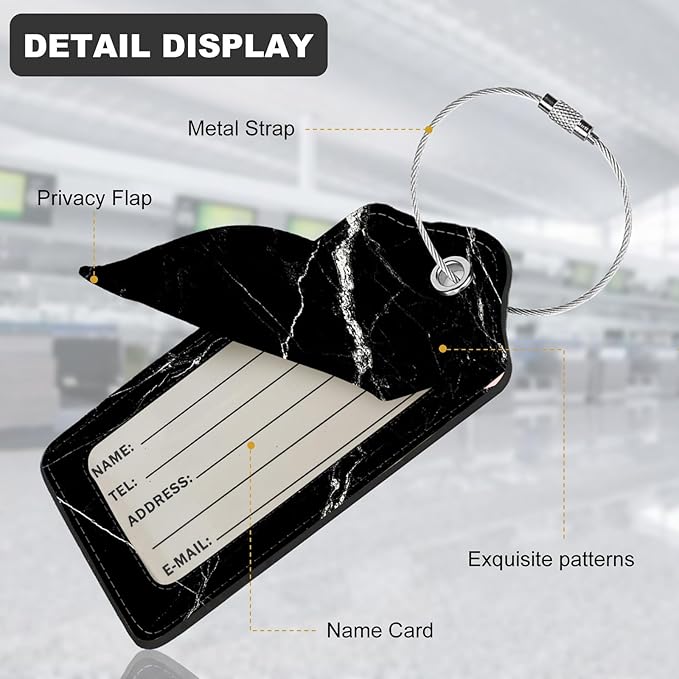 2Pack Luggage Tags for Suitcases, Cute Unique Pu Leather Cruise Luggage Tag with Privacy Cover ID Label Address Card and Metal Ring Suitable for Women Men Kids Travel Bag Black Marble Texture