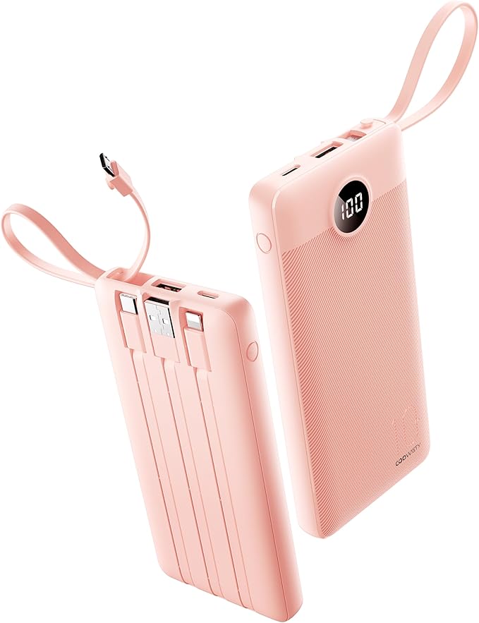 Portable Phone Charger, Slim 10000mAh Travel Essentials Power Bank with Cords Wires, Battery Pack 5 Outputs 2 Inputs LED Display Compatible with iPhone/Android & More (Pink)